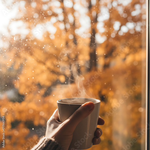 Hand holding a steaming coffee mug by a window with golden autumn leaves blurred in the background, cozy fall lifestyle moment with warm natural light