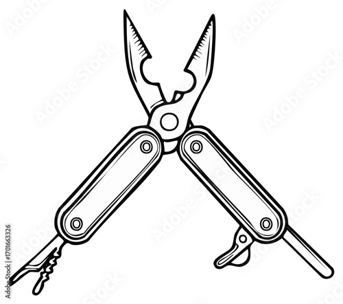 Vector illustration of a multi-tool pliers with open blades, isolated.