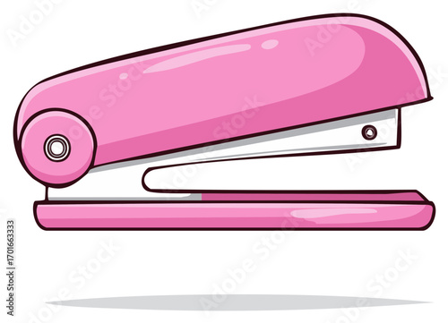 Cartoon illustration of a pink office stapler used for document organization and binding pages together with metal staples