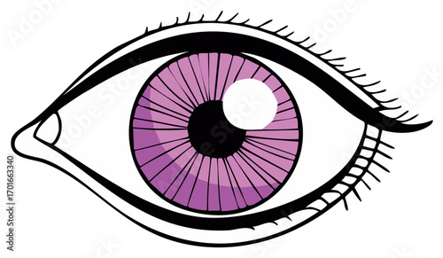 Close up illustration of a human eye with vibrant purple iris and detailed lashes