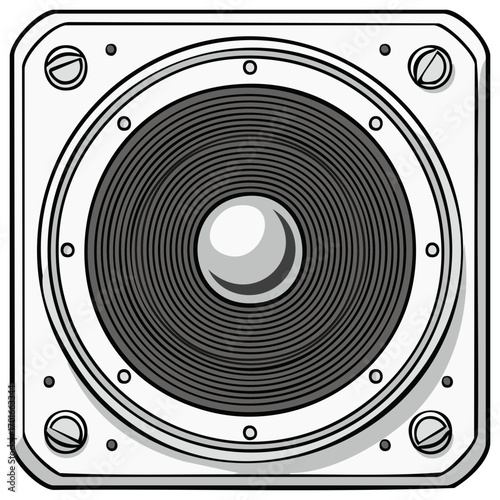 Monochrome vector illustration of a powerful audio woofer or loudspeaker for music and sound