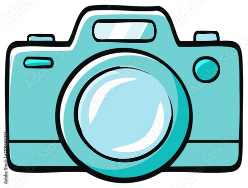 Illustrative aqua colored cartoon camera featuring rounded lens and bold outlines suitable for graphic design and playful projects