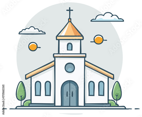 Simple Cartoon Church Building with Steeple Cross and Green Trees
