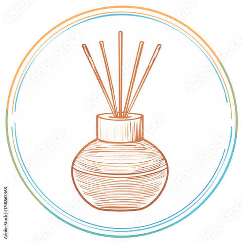 Hand Drawn Illustration of a Scented Aroma Diffuser with Reeds in a Decorative Vase