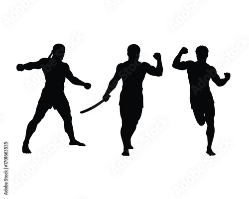 Dynamic silhouettes of three athletes in motion capturing the energy of sports and competition