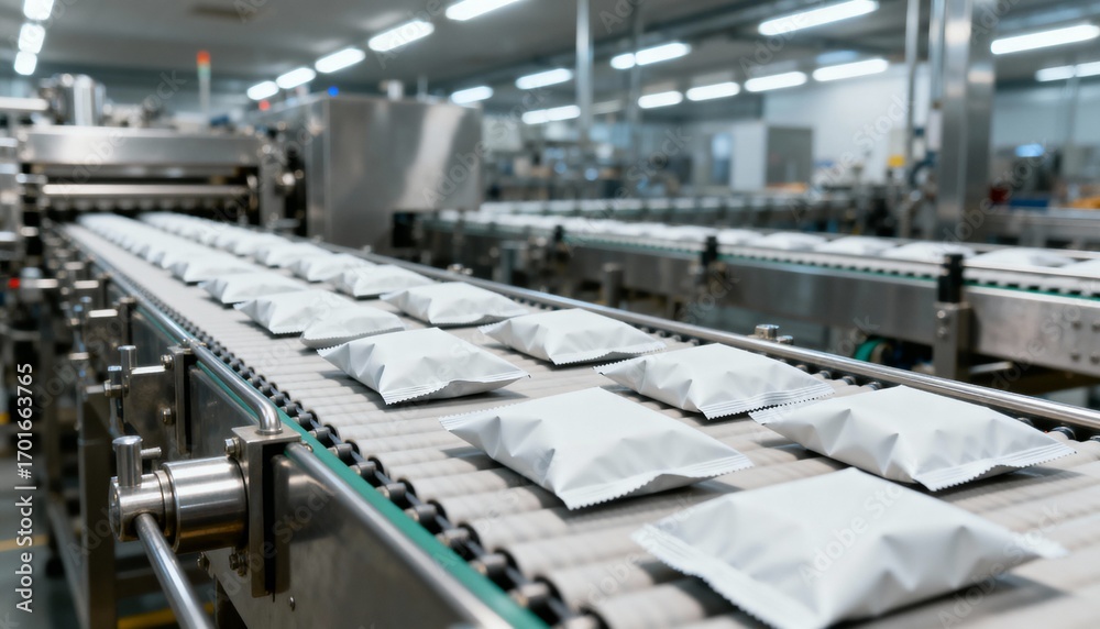 Fototapeta premium Automated Packaging Line Conveyor System: Efficient Manufacturing of Food Products in a Modern Industrial Factory