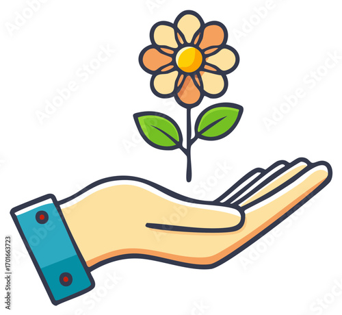 Stylized blossom, vibrant flower in palm, caring gesture, nurturing nature and botanical art, floral design element.