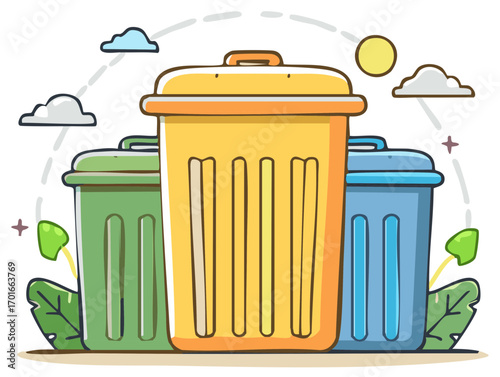 Cartoon Illustration of Three Colorful Trash Cans with Clouds and Leaves