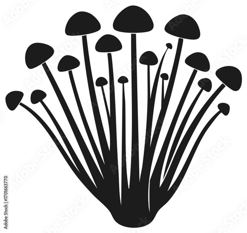 Black silhouette of a stylized mushroom cluster abstract fungi design vector icon group
