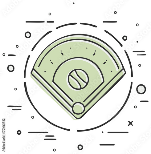 Modern line art icon of a baseball field with a ball on the diamond