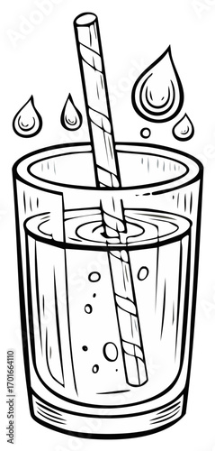 Refreshing cold drink in a glass with a striped straw and water condensation drops