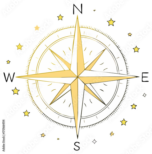 Illustrated golden compass rose symbol with cardinal directions and stars