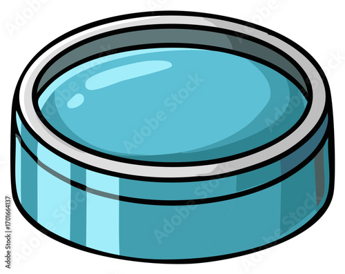 Clean round blue container filled with clear blue liquid and a metallic rim