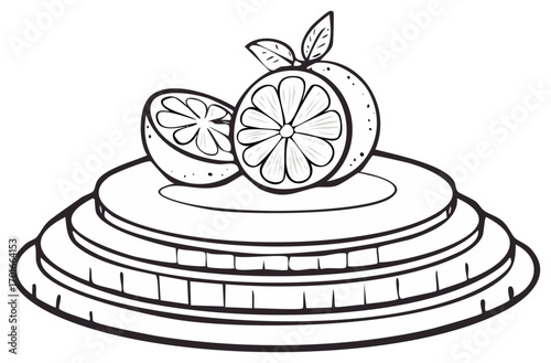 Stylized black and white illustration of a whole and halved citrus fruit with leaves on a tiered stand