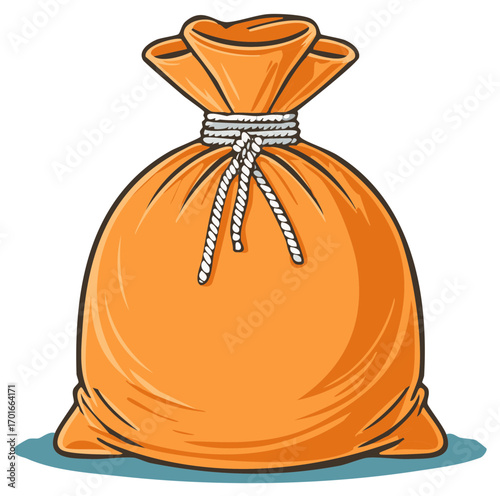 Cartoon illustration of a full orange sack or burlap bag tied with a white rope