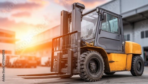 A robust forklift stands in a warehouse complex during a radiant sunset.
