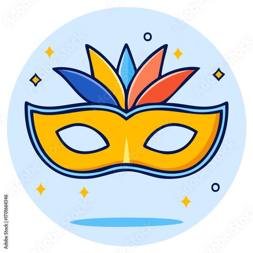 Colorful Carnival Mask Illustration with Feathers and Geometric Accents