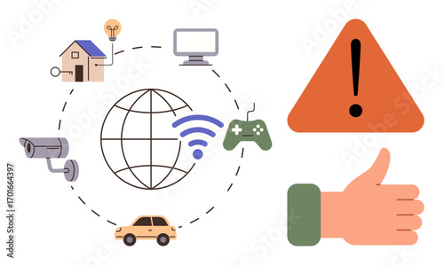 Internet of things linking smart devices thumbs up cameras, cars, homes, and gadgets to the globe. Warning sign emphasizes caution, while thumbs up highlights safe and beneficial adoption. Ideal