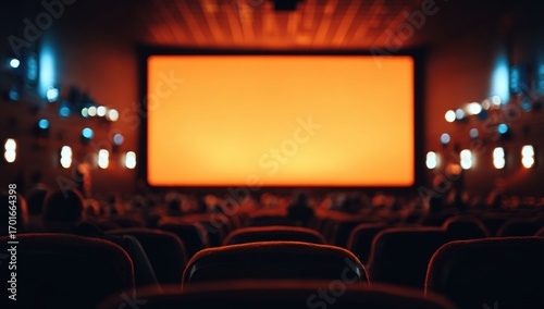 Cinema auditorium interior, dimmed lights, large orange screen
