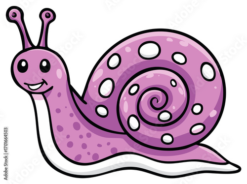 Cartoon illustration of a smiling pink snail with dots and swirls