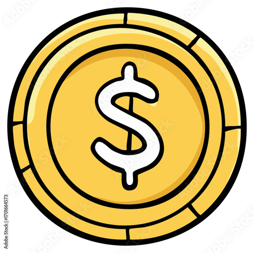 Cartoon coin illustration with dollar symbol isolated on a white background.