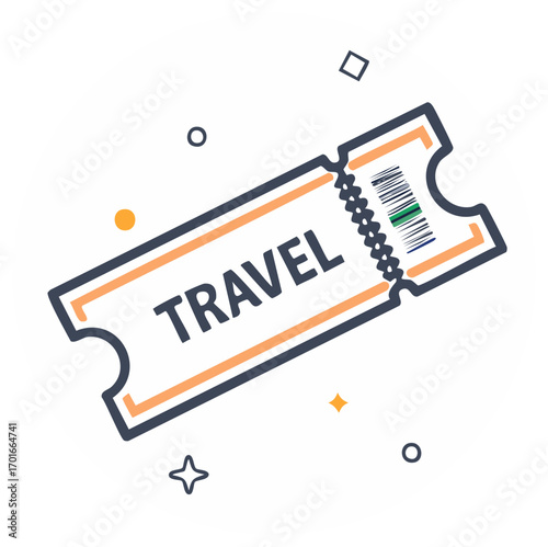 Flat icon of a travel ticket with the word "TRAVEL" and a barcode