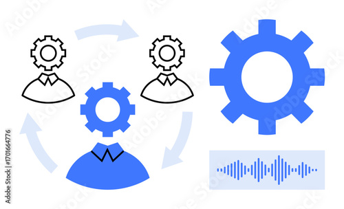 Gears interconnected with leader and team icons, showing process efficiency and collaboration. Arrow flow and soundwave highlight teamwork. Ideal for leadership, workflow, organization, project
