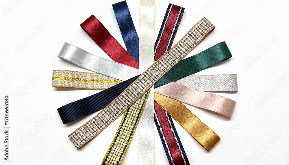 Fototapeta premium Variety of decorative ribbons arranged in a circle on a white background showcasing textures and colors