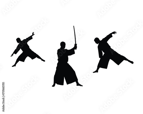 Dynamic silhouettes of a martial artist in three different poses executing powerful movements with a sword