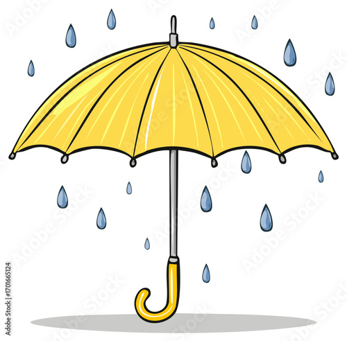 Yellow umbrella in rain, cartoon illustration