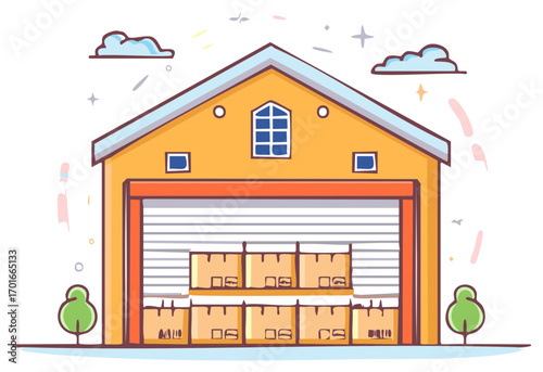 Cartoon style warehouse building with stacked cardboard boxes inside ready for shipping and logistics