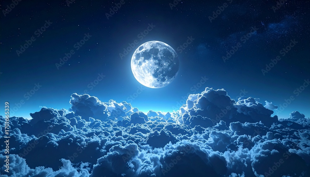 Obraz premium A breathtaking view of a full moon illuminating the night sky over fluffy clouds at twilight.