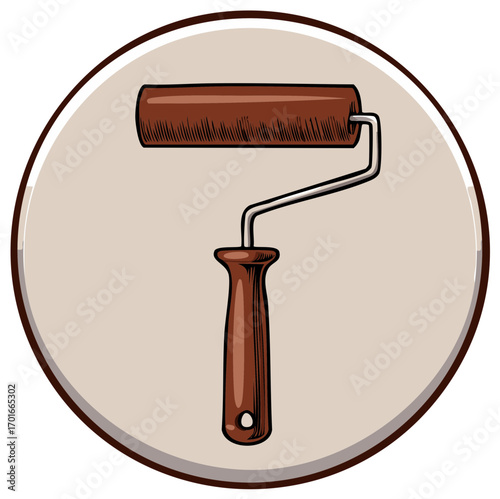 Paint roller tool icon in decorative circle, painting equipment for home decoration, illustration