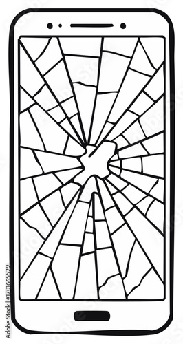Broken smartphone with cracked screen in drawing illustration style for damage or repair concept