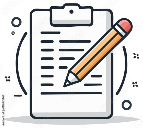 Clipboard and Pencil Cartoon Icon. Checklist, Survey, Task, Writing, Note Taking, Planning, and Record Keeping