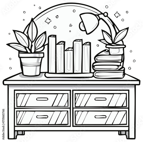 Cozy Study Setup with Desk Lamp and Potted Plants