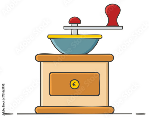 Retro manual coffee grinder with rotating crank and small drawer featuring a stylized euro currency symbol drawing in neutral color palette