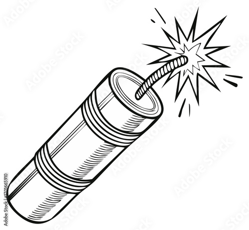 Exploding dynamite stick with a lit fuse and bright sparks in a stylized line drawing