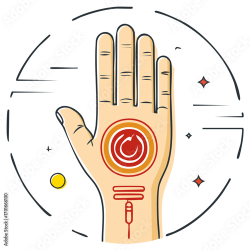 Human Hand with Energetic Markings, Chakra Points and Spiritual Symbols