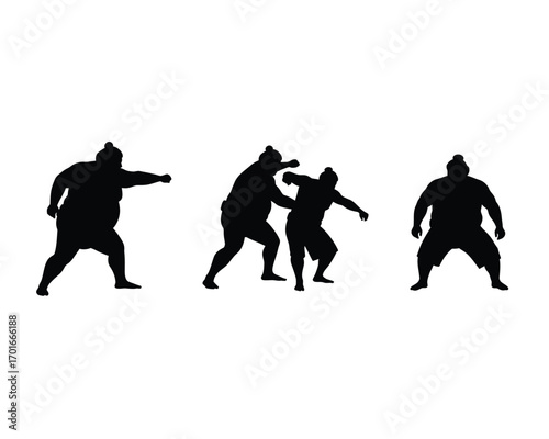 Silhouettes of three sumo wrestlers in dynamic action poses showcasing a wrestling match and individual stances against a white background