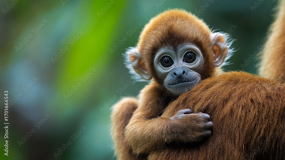 Fototapeta premium Curious gibbon infant peers over mothera??s shoulder in rainforest 32k, full ultra hd, high resolution