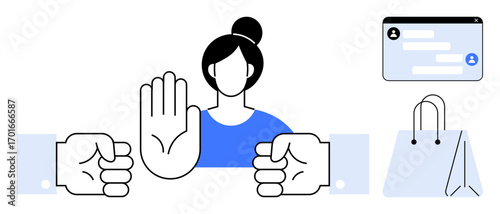 Woman raises hand in stop gesture nearby are messaging interface and shopping bag. Ideal for privacy, safety, online shopping, digital boundaries, user consent, communication, simple landing page