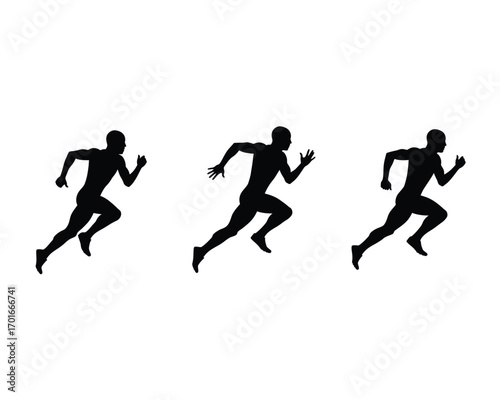 Three dynamic black silhouettes of male athletes in mid stride during a sprint race on a white background