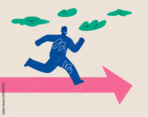 Road to success. Man running along arrow. Colorful vector illustration