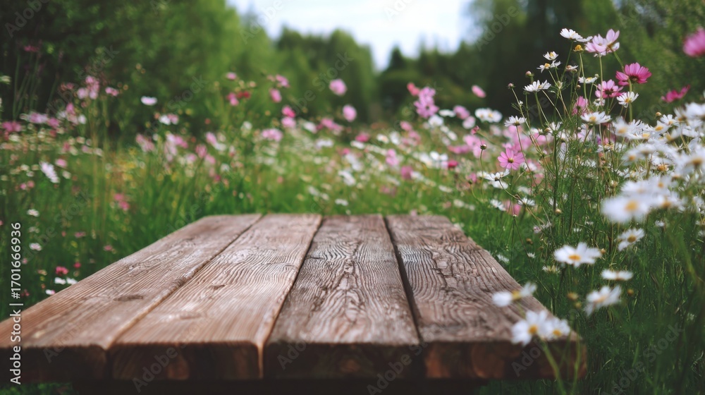 Fototapeta premium Rustic Wooden Tabletop with Blooming Wildflowers in a Lush Green Meadow, Ideal for Spring or Summer Mockups