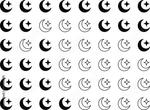 Moon Vector Icons Set – Black and White Lunar Collection, Moon Phases, Stars, Celestial Symbols, Night Sky Design, Flat Vector Icons, Minimalist Digital Graphics, Astronomy, Cosmic Illustration