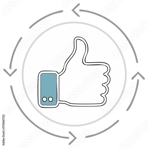 Hand drawn thumbs up icon with circular arrows symbolizing a continuous feedback loop and approval