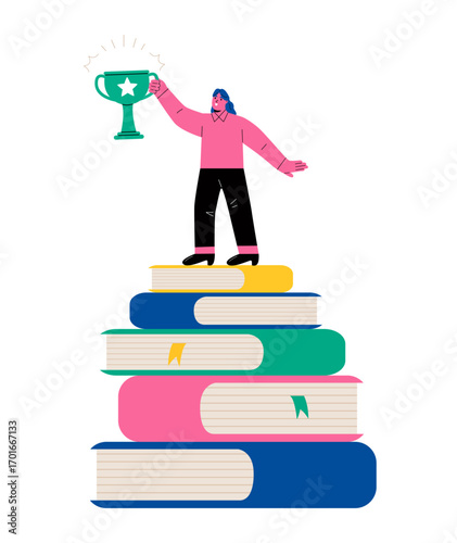 The concept of development towards success. Business woman holding a trophy on a pile of books. Flat vector illustration isolated on white background