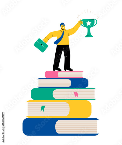 The concept of development towards success. Business man holding a trophy on a pile of books. Flat vector illustration isolated on white background
