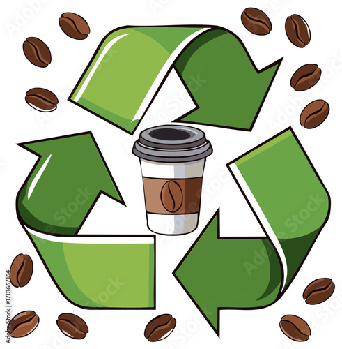 Coffee cup with recycling symbol and coffee beans